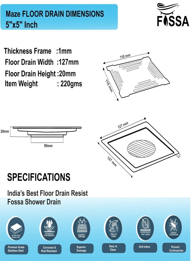 Fossa 5"x5" Maze Design Floor Drain | Stainless Steel Square Bathroom Grating Jali | & Rust-Resistant Drain Cover | Modern Floor Drain for Bathrooms (Matte Finish) - Image 2